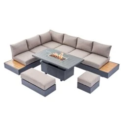 Jardin Aluminium Large Corner Casual Dining Set With Rising Firepit Table, Granite -Daals OD DINE 906 GRANITE SET WB2