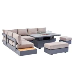 Jardin Aluminium Large Corner Casual Dining Set With Rising Firepit Table, Granite -Daals OD DINE 906 GRANITE SET WB4