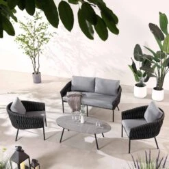 Montebello 4-Seater Outdoor Black Rope And Aluminium Sofa Set With Grey Ceramic Coffee Table -Daals OD SF 1029 BLACK scene2