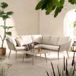 Cliveden Outdoor Aluminium Washed Wood Effect And Round Wicker Rattan Corner Sofa Set