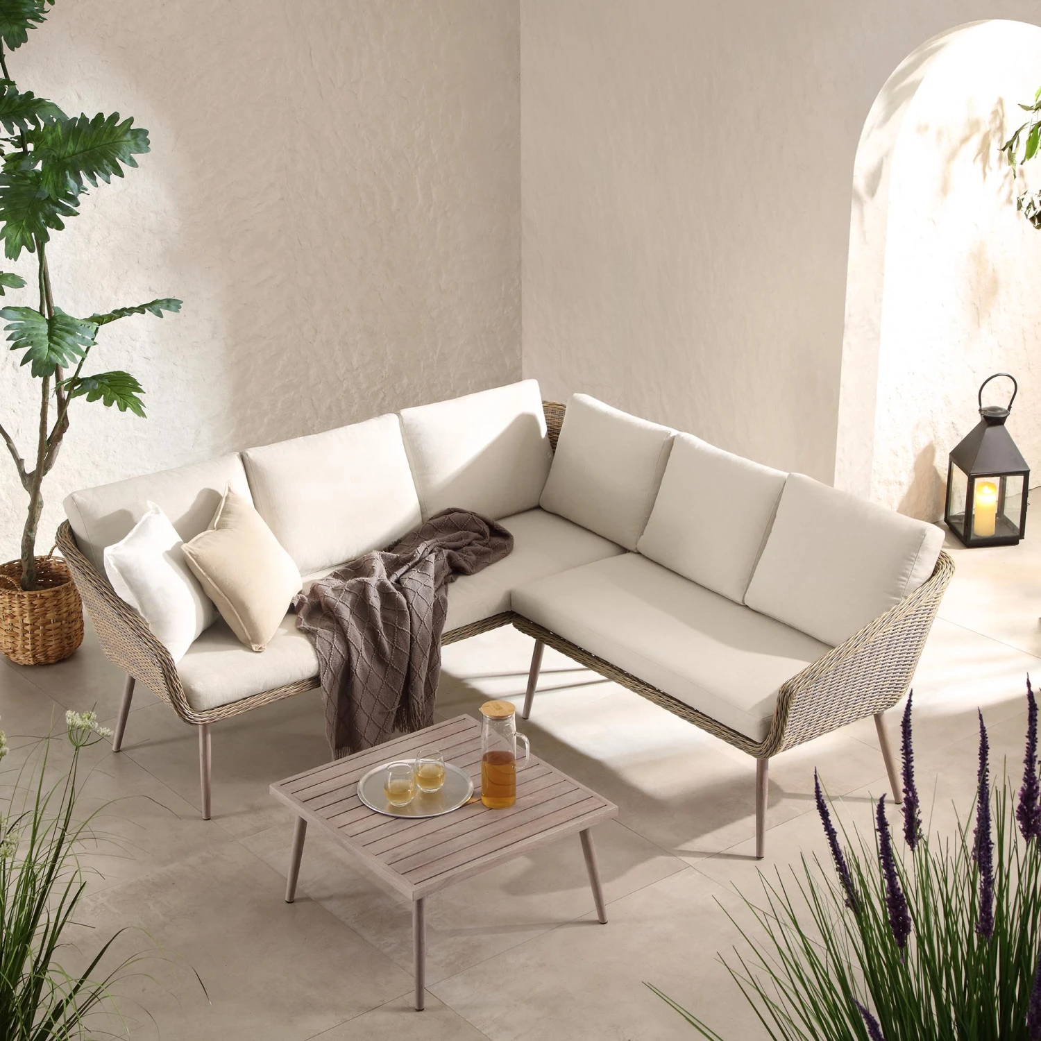 Cliveden Outdoor Aluminium Washed Wood Effect And Round Wicker Rattan Corner Sofa Set 2 Cliveden Outdoor Aluminium Washed Wood Effect And Round Wicker Rattan Corner Sofa Set - Image 2