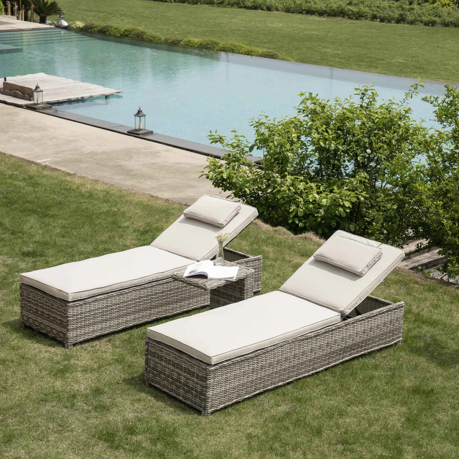 Hampshire Round Wicker Rattan Sun Lounger Set With Side Table, Light Grey 1 Hampshire Round Wicker Rattan Sun Lounger Set With Side Table, Light Grey