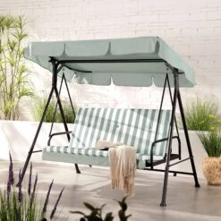 Champneys Outdoor Reclining Swing With Canopy, Sage Green Striped