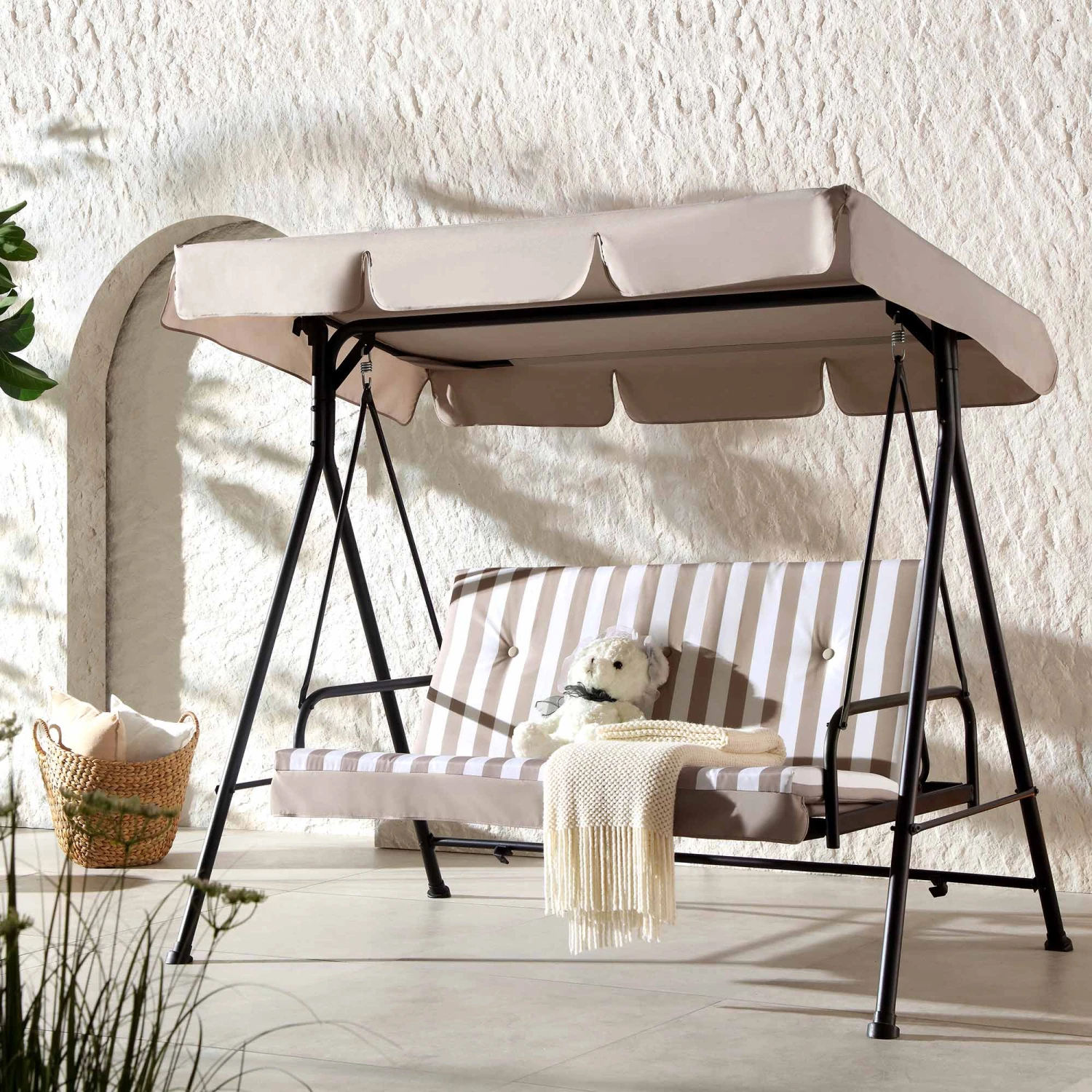 Champneys Outdoor Reclining Swing With Canopy, Taupe Striped 1 Champneys Outdoor Reclining Swing With Canopy, Taupe Striped