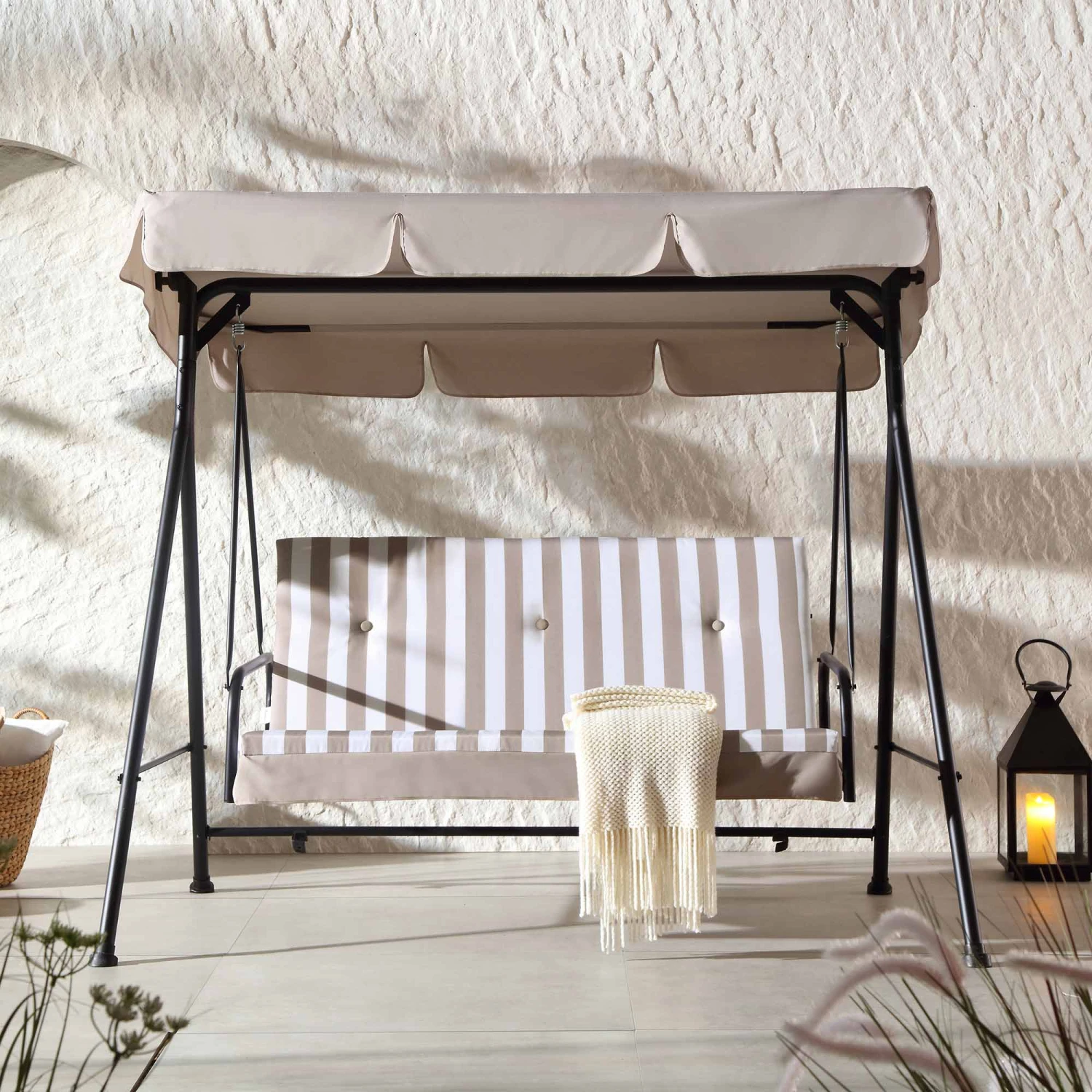 Champneys Outdoor Reclining Swing With Canopy, Taupe Striped 2 Champneys Outdoor Reclining Swing With Canopy, Taupe Striped - Image 2