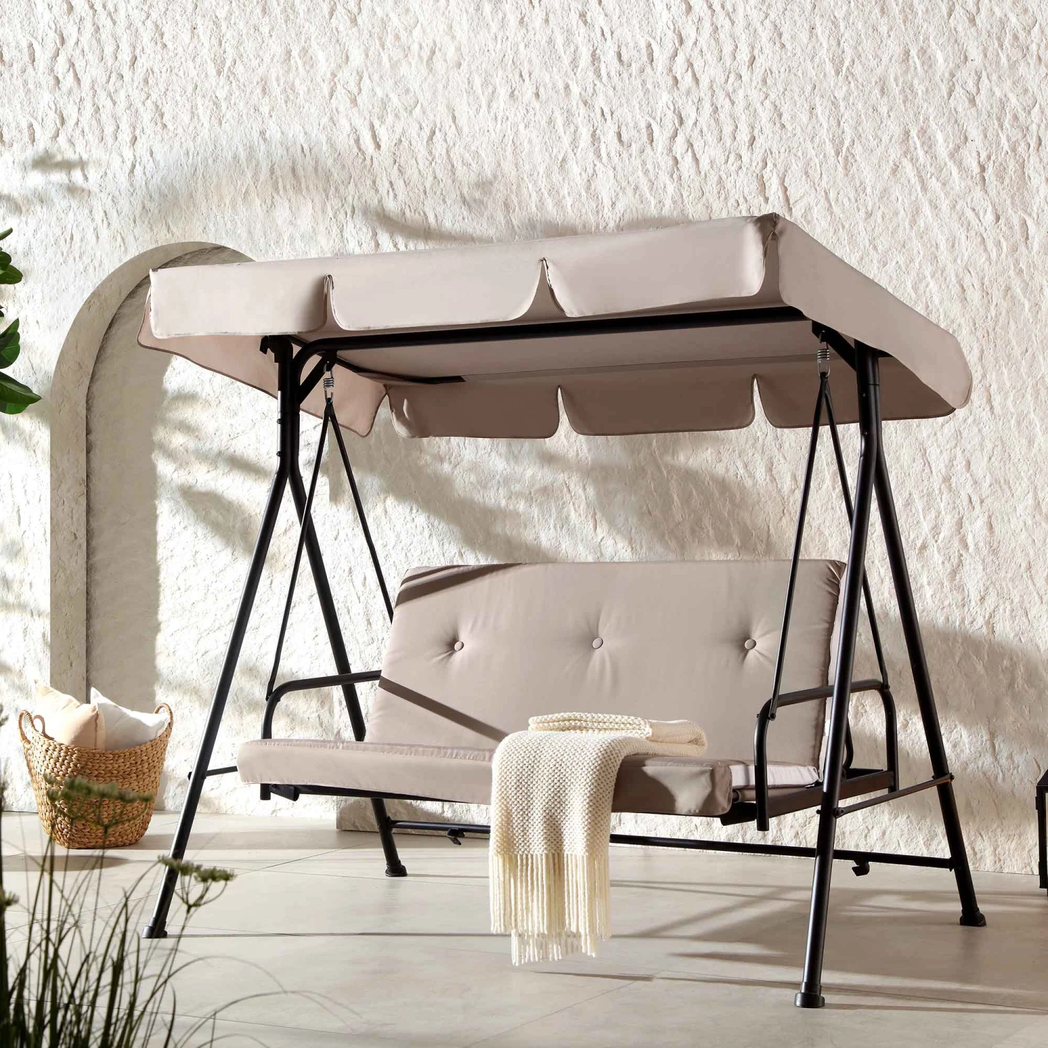 Champneys Outdoor Reclining Swing With Canopy, Taupe Striped 4 Champneys Outdoor Reclining Swing With Canopy, Taupe Striped - Image 4