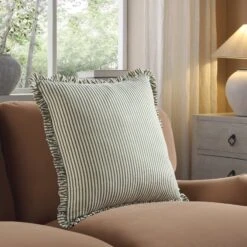 Iris Ticking Green Stripe Seersucker Frill Cushion -Daals QC CUSH RUFSTRIPE GREEN50 scene2