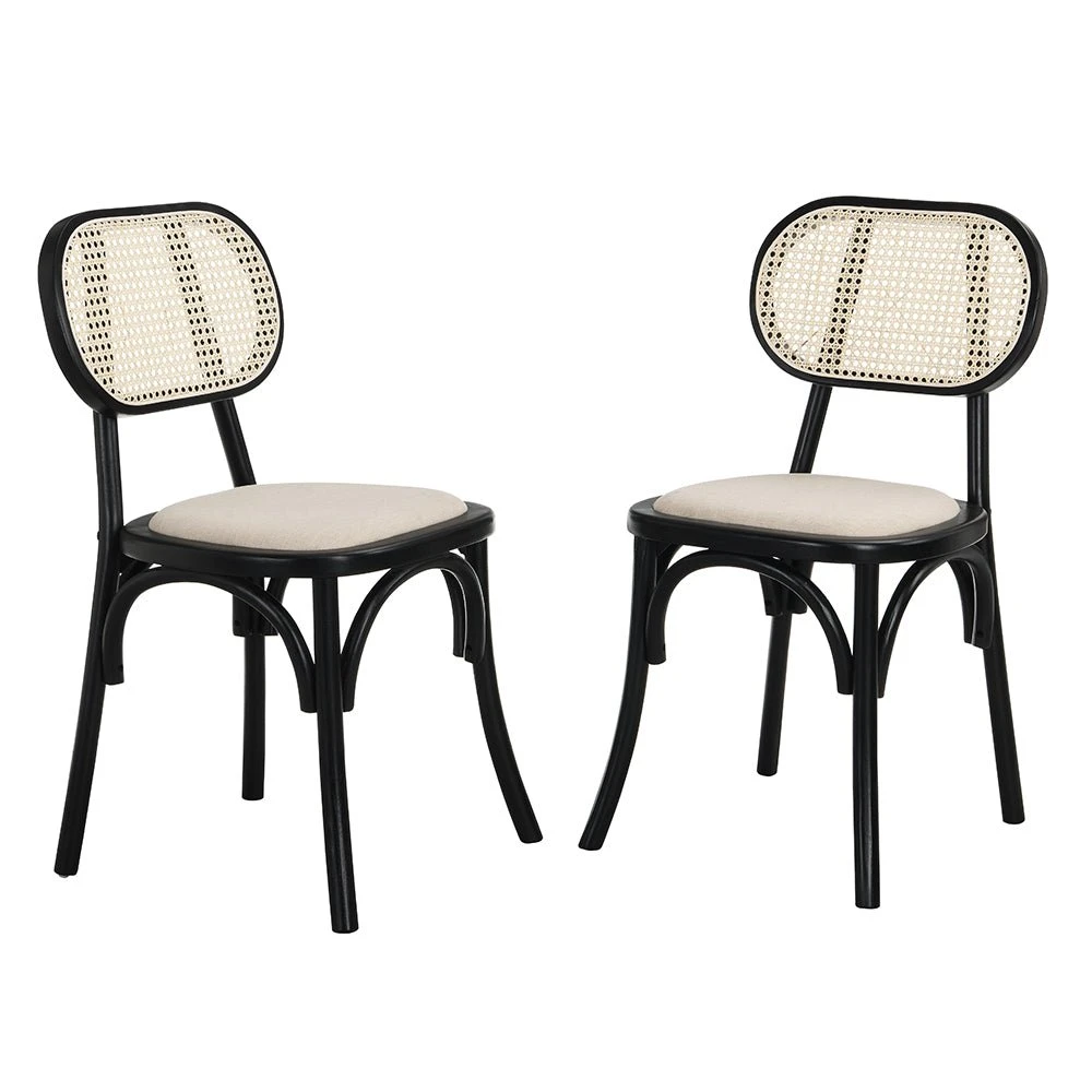 Anya Set Of 2 Cane Rattan And Upholstered Dining Chairs, Black Colour 2 Anya Set Of 2 Cane Rattan And Upholstered Dining Chairs, Black Colour - Image 2