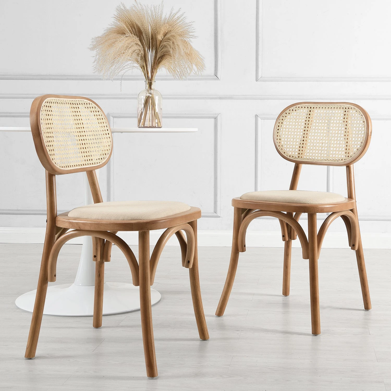 Anya Set Of 2 Cane Rattan And Upholstered Dining Chairs, Natural Colour 1 Anya Set Of 2 Cane Rattan And Upholstered Dining Chairs, Natural Colour