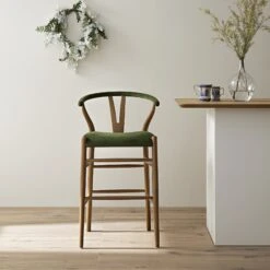 Hansel Upholstered Counter Stool, Moss Green Velvet And Light Walnut Frame