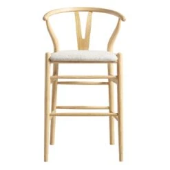 Hansel Upholstered Counter Stool, Ivory White Boucle And Natural Frame