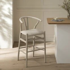 Hansel Counter Stool, Taupe Frame With Oatmeal Fabric Seat