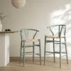 Hansel Wooden Natural Weave Bar Stool, Sage Green Frame