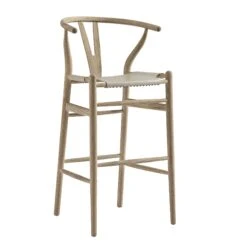 Hansel Bar Stool, Weathered Elm Frame With Light Grey Faux Leather Seat -Daals XN R165 GREYPU WB2