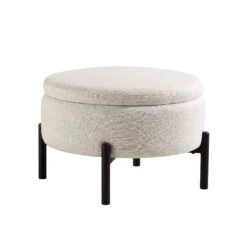 Amboise Round Storage Pouffe, Beige Linen Blend -Daals XRSF 2183 BEIGE LIN STOOL WB1