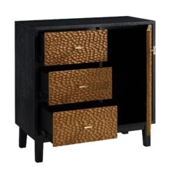 Bianca Chip Carved 1 Door 3 Drawer Small Sideboard, Antique Bronze & Black -Daals XXCAB 005 GOLD BLACK WB3