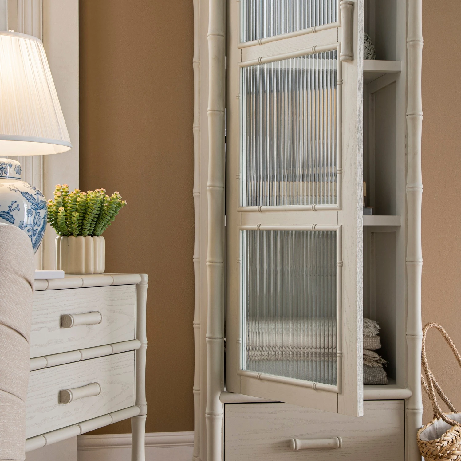 Elstowe Faux Bamboo And Fluted Glass 1-Door Cabinet, Shaded White 6 Elstowe Faux Bamboo And Fluted Glass 1-Door Cabinet, Shaded White - Image 6