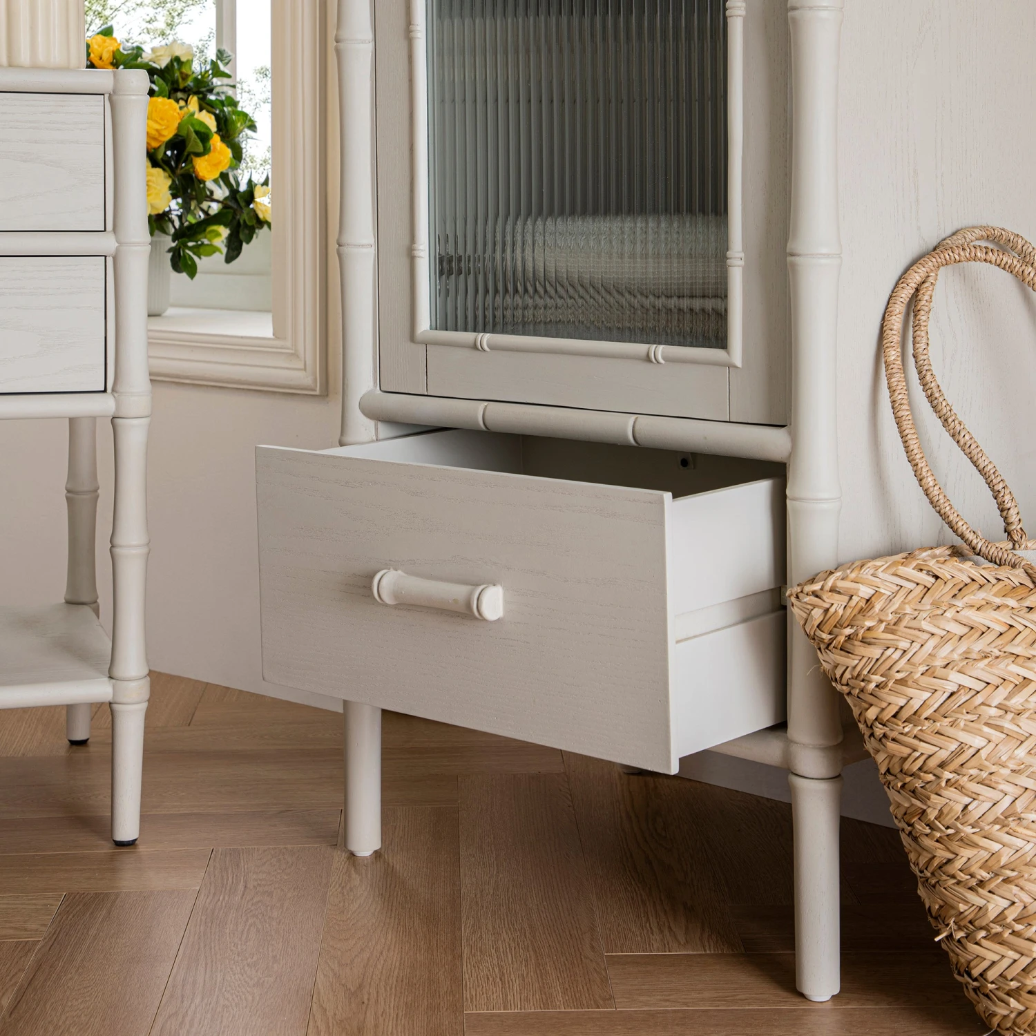 Elstowe Faux Bamboo And Fluted Glass 1-Door Cabinet, Shaded White 7 Elstowe Faux Bamboo And Fluted Glass 1-Door Cabinet, Shaded White - Image 7