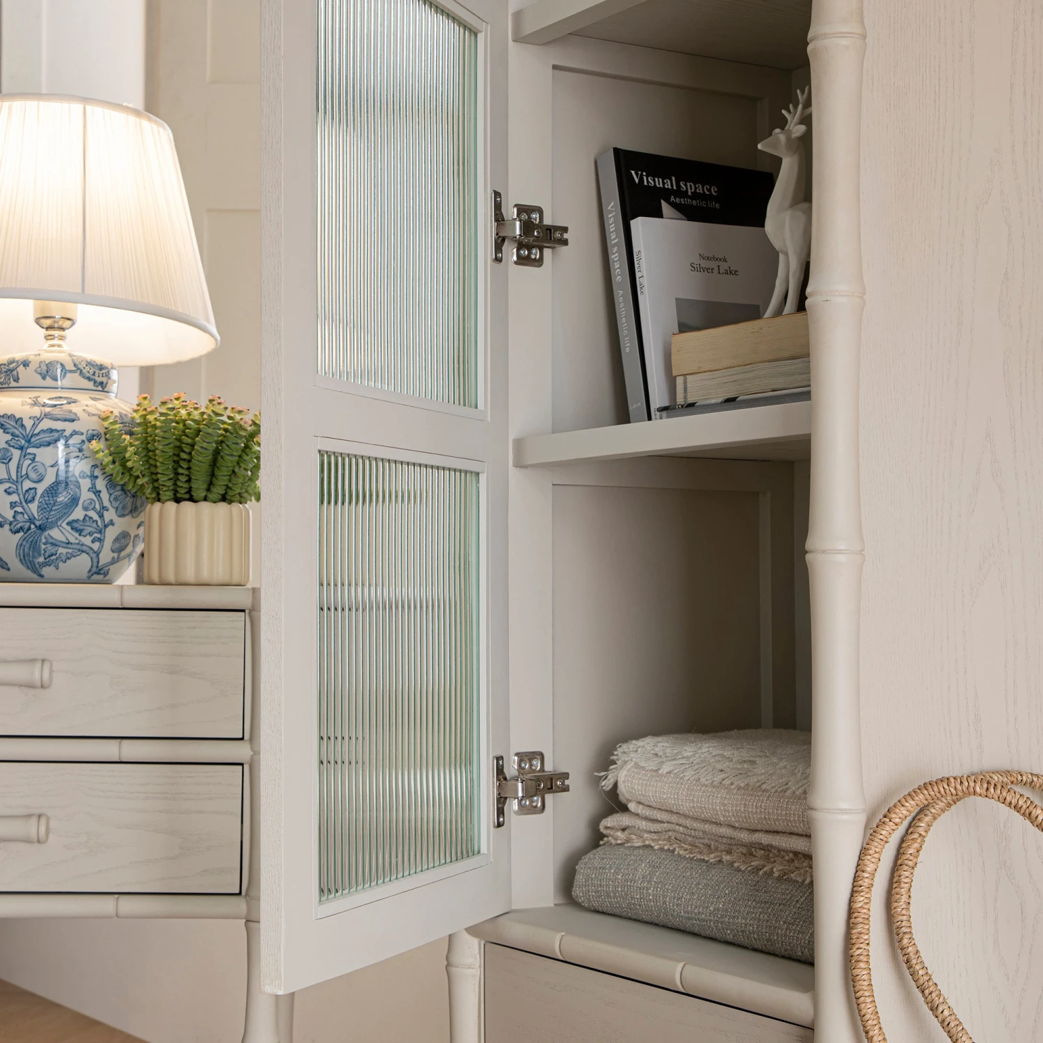 Elstowe Faux Bamboo And Fluted Glass 1-Door Cabinet, Shaded White 8 Elstowe Faux Bamboo And Fluted Glass 1-Door Cabinet, Shaded White - Image 8