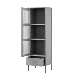 Elstowe Faux Bamboo And Fluted Glass 1-Door Cabinet, Warm Grey 27 Elstowe Faux Bamboo And Fluted Glass 1-Door Cabinet, Warm Grey -Daals XXCAB 067 GREY WB3