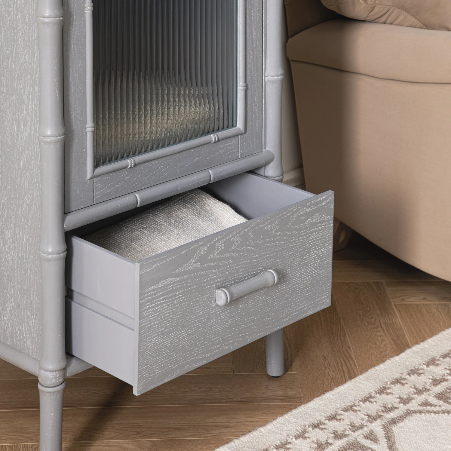 Elstowe Faux Bamboo And Fluted Glass 1-Door Cabinet, Warm Grey 6 Elstowe Faux Bamboo And Fluted Glass 1-Door Cabinet, Warm Grey - Image 6