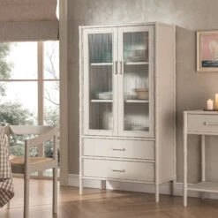 Elstowe Faux Bamboo And Fluted Glass 2-Door Cabinet, Shaded White