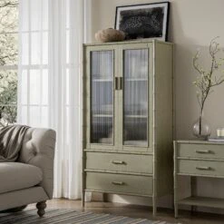 Elstowe Faux Bamboo And Fluted Glass 2-Door Cabinet, Sage Green