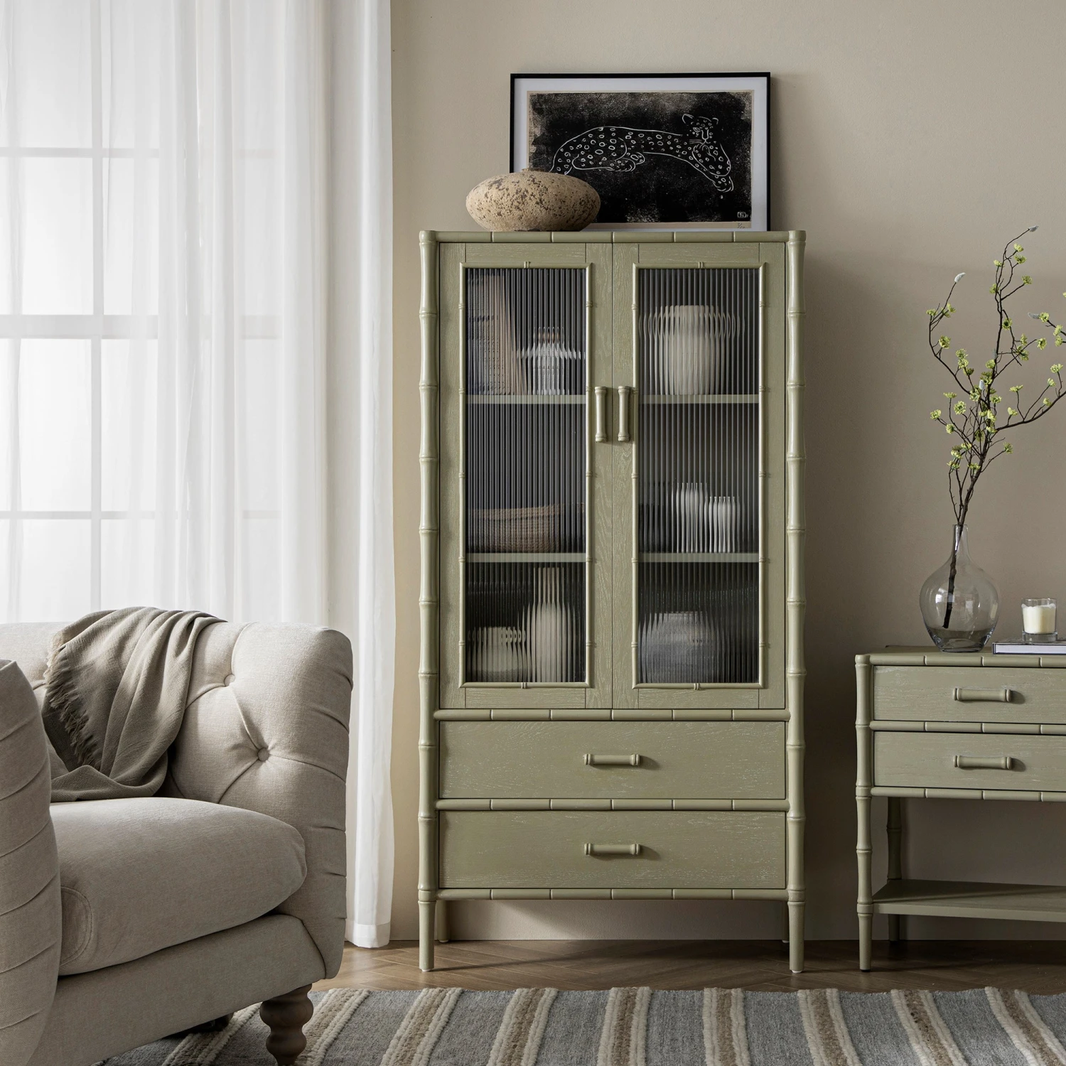 Elstowe Faux Bamboo And Fluted Glass 2-Door Cabinet, Sage Green 2 Elstowe Faux Bamboo And Fluted Glass 2-Door Cabinet, Sage Green - Image 2