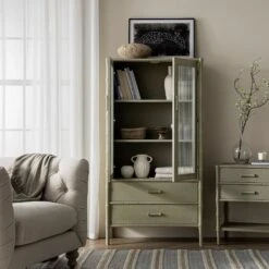 Elstowe Faux Bamboo And Fluted Glass 2-Door Cabinet, Sage Green 19 Elstowe Faux Bamboo And Fluted Glass 2-Door Cabinet, Sage Green -Daals XXCAB 069 GREEN scene2