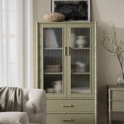 Elstowe Faux Bamboo And Fluted Glass 2-Door Cabinet, Sage Green 21 Elstowe Faux Bamboo And Fluted Glass 2-Door Cabinet, Sage Green -Daals XXCAB 069 GREEN scene4