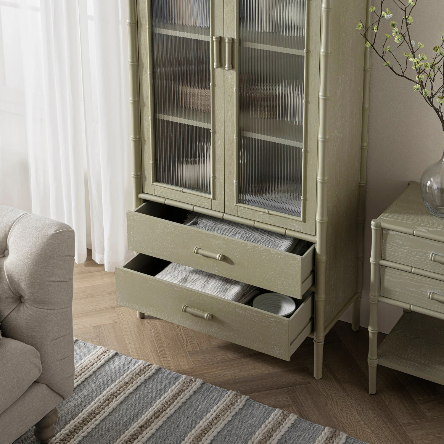 Elstowe Faux Bamboo And Fluted Glass 2-Door Cabinet, Sage Green 7 Elstowe Faux Bamboo And Fluted Glass 2-Door Cabinet, Sage Green - Image 7