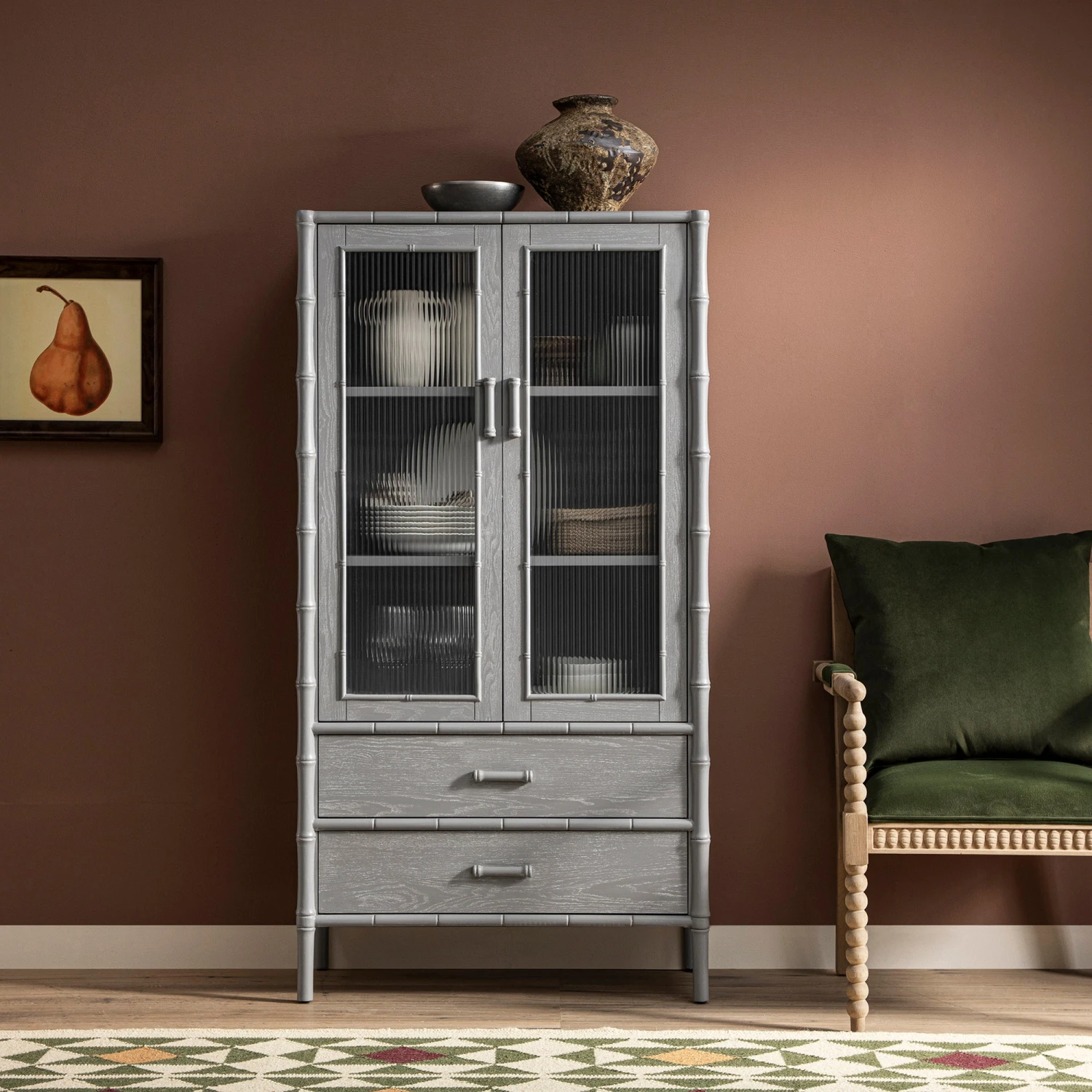 Elstowe Faux Bamboo And Fluted Glass 2-Door Cabinet, Warm Grey 1 Elstowe Faux Bamboo And Fluted Glass 2-Door Cabinet, Warm Grey