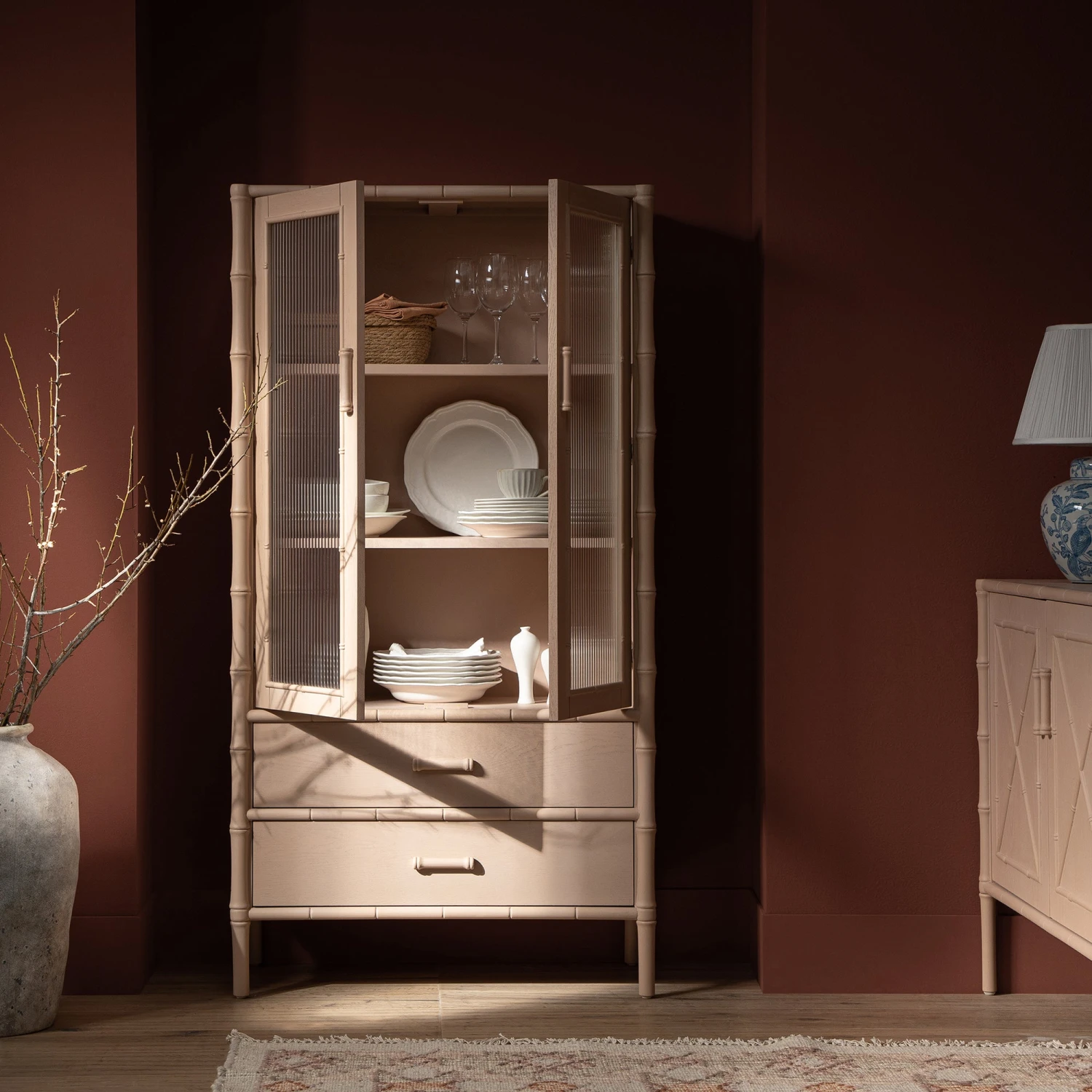 Elstowe Faux Bamboo And Fluted Glass 2-Door Cabinet, Nude Pink 2 Elstowe Faux Bamboo And Fluted Glass 2-Door Cabinet, Nude Pink - Image 2