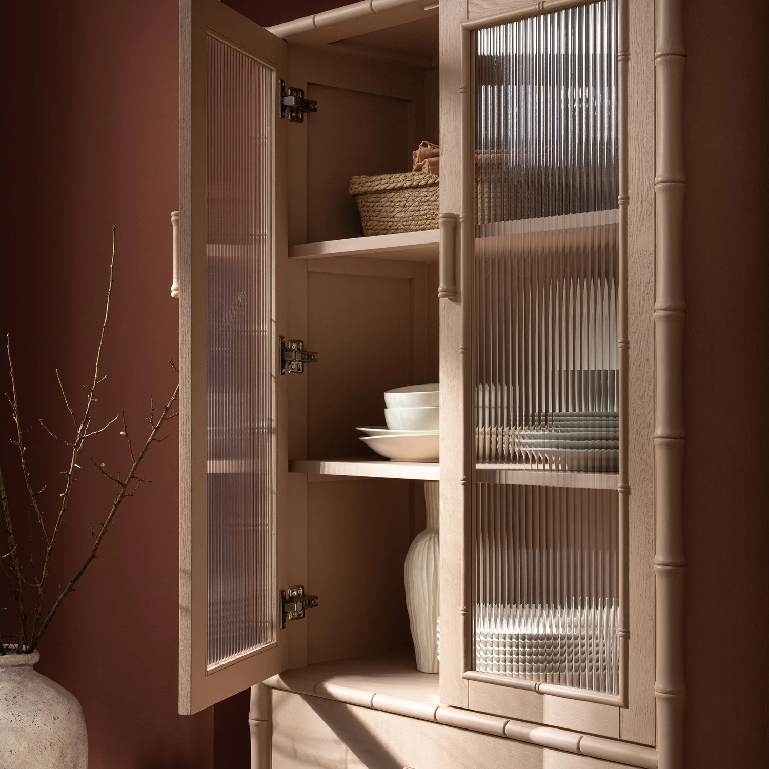 Elstowe Faux Bamboo And Fluted Glass 2-Door Cabinet, Nude Pink 5 Elstowe Faux Bamboo And Fluted Glass 2-Door Cabinet, Nude Pink - Image 5