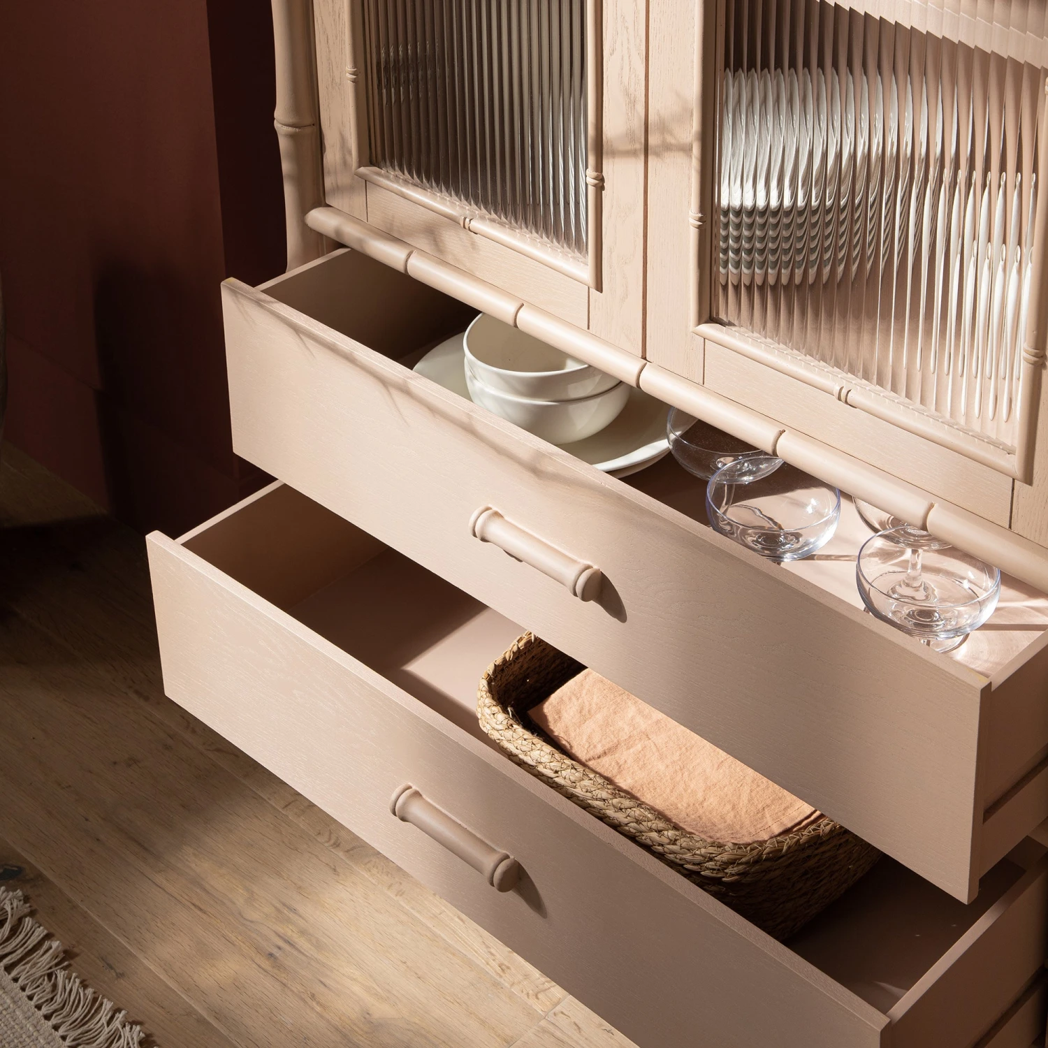 Elstowe Faux Bamboo And Fluted Glass 2-Door Cabinet, Nude Pink 7 Elstowe Faux Bamboo And Fluted Glass 2-Door Cabinet, Nude Pink - Image 7