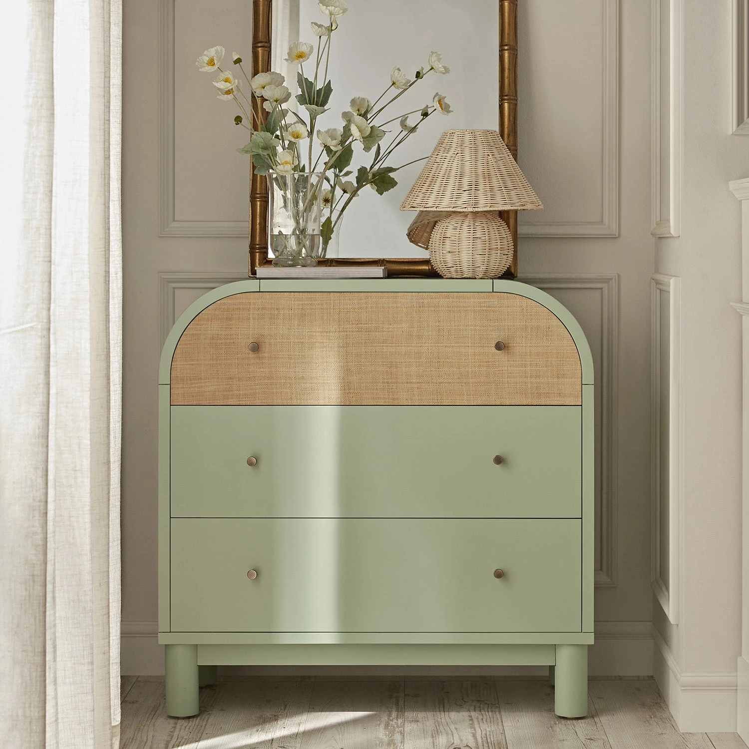 Maude Chest Of 3 Drawers, Muted Pistachio Ash With Raffia 2 Maude Chest Of 3 Drawers, Muted Pistachio Ash With Raffia - Image 2