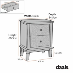 Chantilly Mid Grey Carved 2 Drawer Bedside Table -Daals XXNS 011 CHART