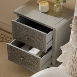 Chantilly Mid Grey Carved 2 Drawer Bedside Table -Daals XXNS 011 GREY scene2