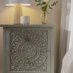 Chantilly Mid Grey Carved 2 Drawer Bedside Table -Daals XXNS 011 GREY scene3