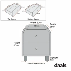 Maude 2 Drawer Bedside Table, Washed White Ash With Raffia -Daals XXNS 029 CHART 2