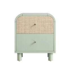 Maude 2 Drawer Bedside Table, Muted Pistachio Ash With Raffia -Daals XXNS 029 GREEN RAF WB1