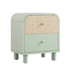 Maude 2 Drawer Bedside Table, Muted Pistachio Ash With Raffia -Daals XXNS 029 GREEN RAF WB2