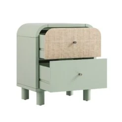 Maude 2 Drawer Bedside Table, Muted Pistachio Ash With Raffia -Daals XXNS 029 GREEN RAF WB3