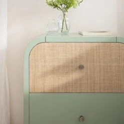 Maude 2 Drawer Bedside Table, Muted Pistachio Ash With Raffia -Daals XXNS 029 GREEN RAF scene2