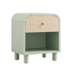 Maude 1 Drawer Bedside Table, Muted Pistachio Ash With Raffia -Daals XXNS 031 GREEN RAF WB2