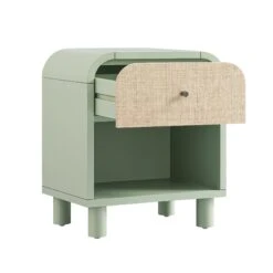 Maude 1 Drawer Bedside Table, Muted Pistachio Ash With Raffia -Daals XXNS 031 GREEN RAF WB3