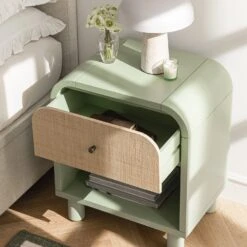 Maude 1 Drawer Bedside Table, Muted Pistachio Ash With Raffia -Daals XXNS 031 GREEN RAF scene2