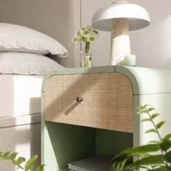 Maude 1 Drawer Bedside Table, Muted Pistachio Ash With Raffia -Daals XXNS 031 GREEN RAF scene3