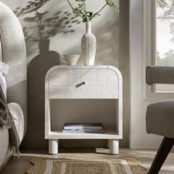 Maude 1 Drawer Bedside Table, Washed White Ash With Raffia
