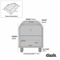 Maude 1 Drawer Bedside Table, Washed White Ash -Daals XXNS 032 CHART 1